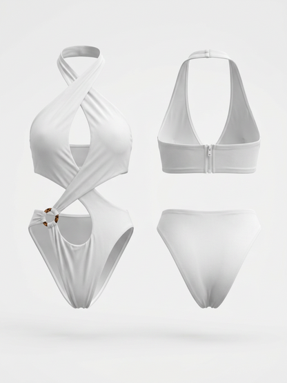 White Halter Cross Wrap Cutout Wooden Ring One Piece