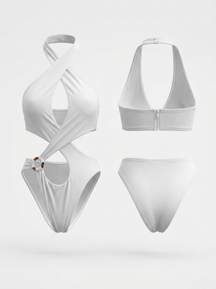 White Halter Cross Wrap Cutout Wooden Ring One Piece