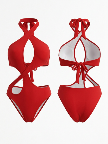 Red Cross Halter Multi Cutout Slim High Cut One Piece