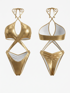 Metallic Gold Cross Halter Multi Cutout High Cut One Piece