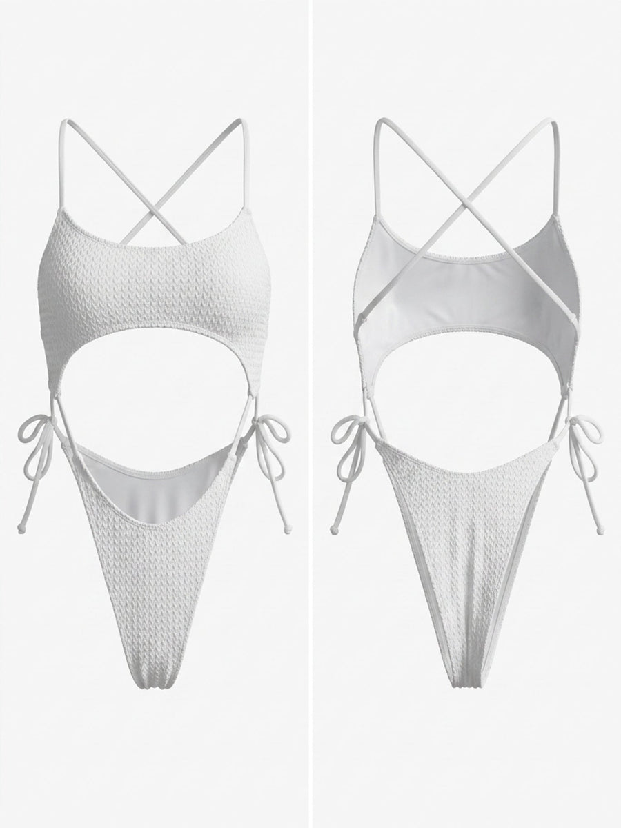 Waffle Textured Crisscross Back Side Tie Cutout One Piece