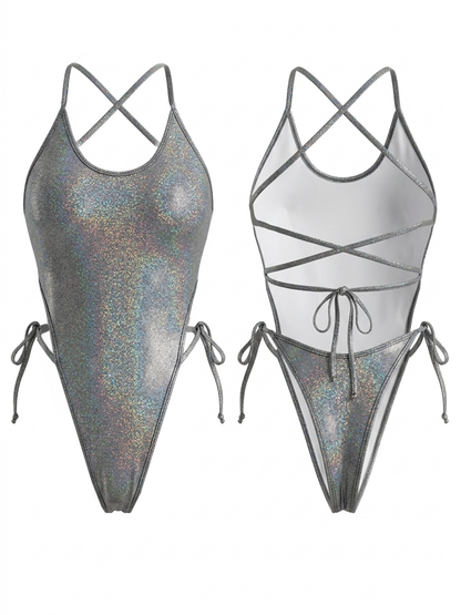 Holographic Gray Multi Cross Strap Back Tie One Piece