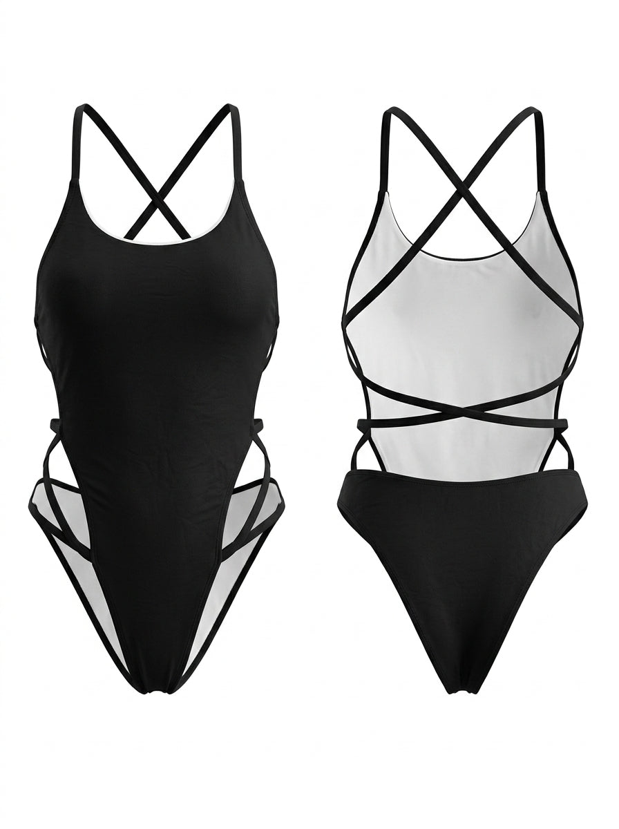 Cross Back Thin Straps Waist Band High Leg One Piece