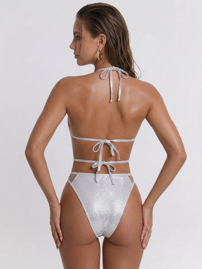 Silver Holographic Halter Mesh Multi Cutout One Piece