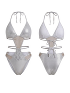 Silver Holographic Halter Mesh Multi Cutout One Piece