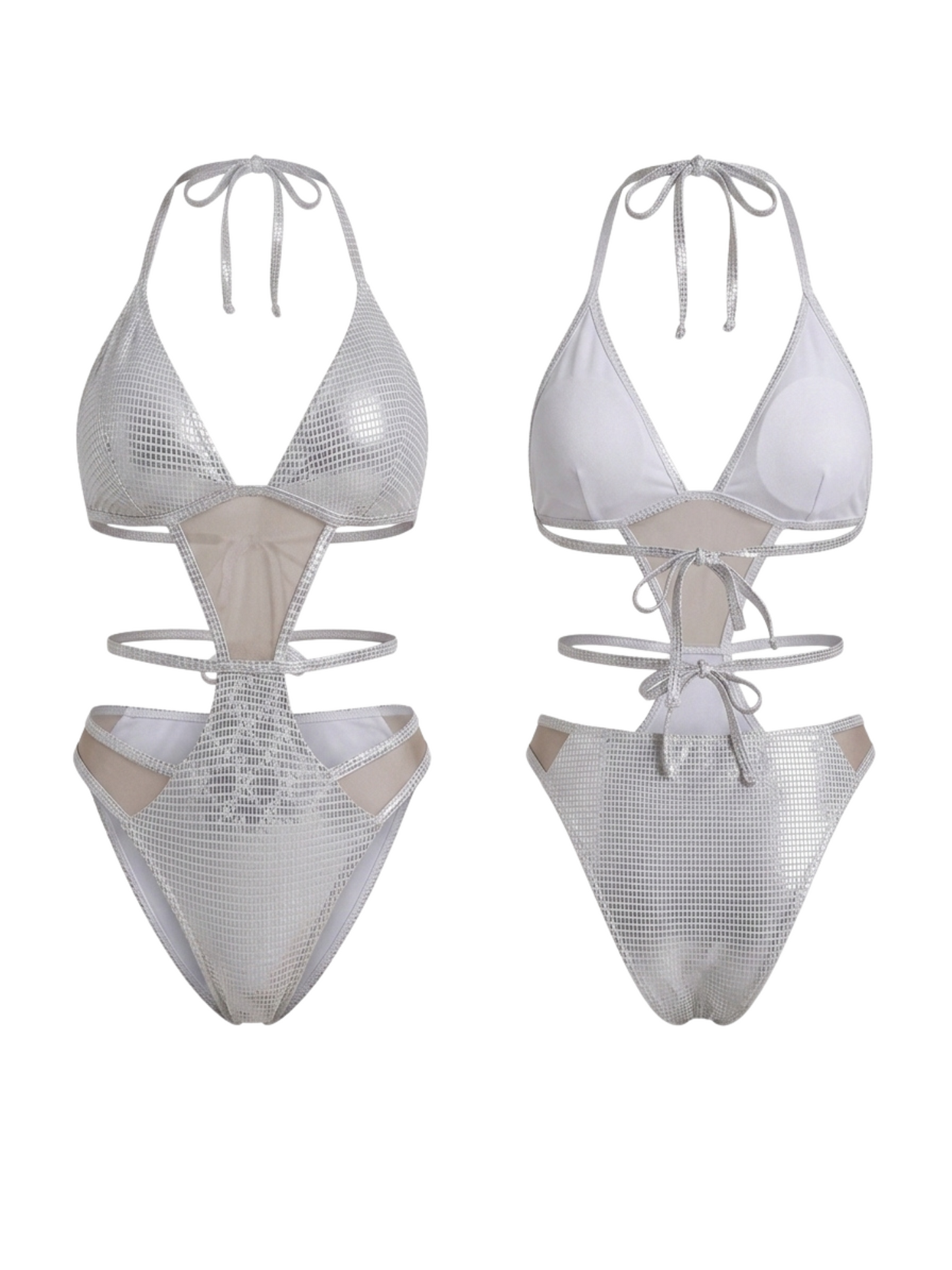 Silver Holographic Halter Mesh Multi Cutout One Piece