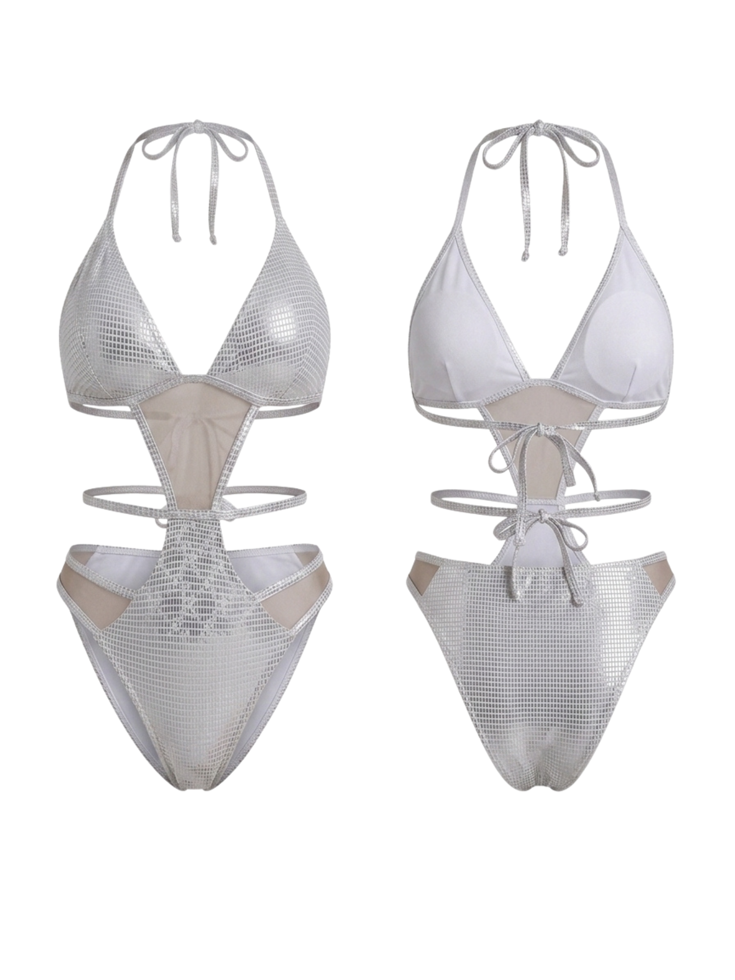 Silver Holographic Halter Mesh Multi Cutout One Piece