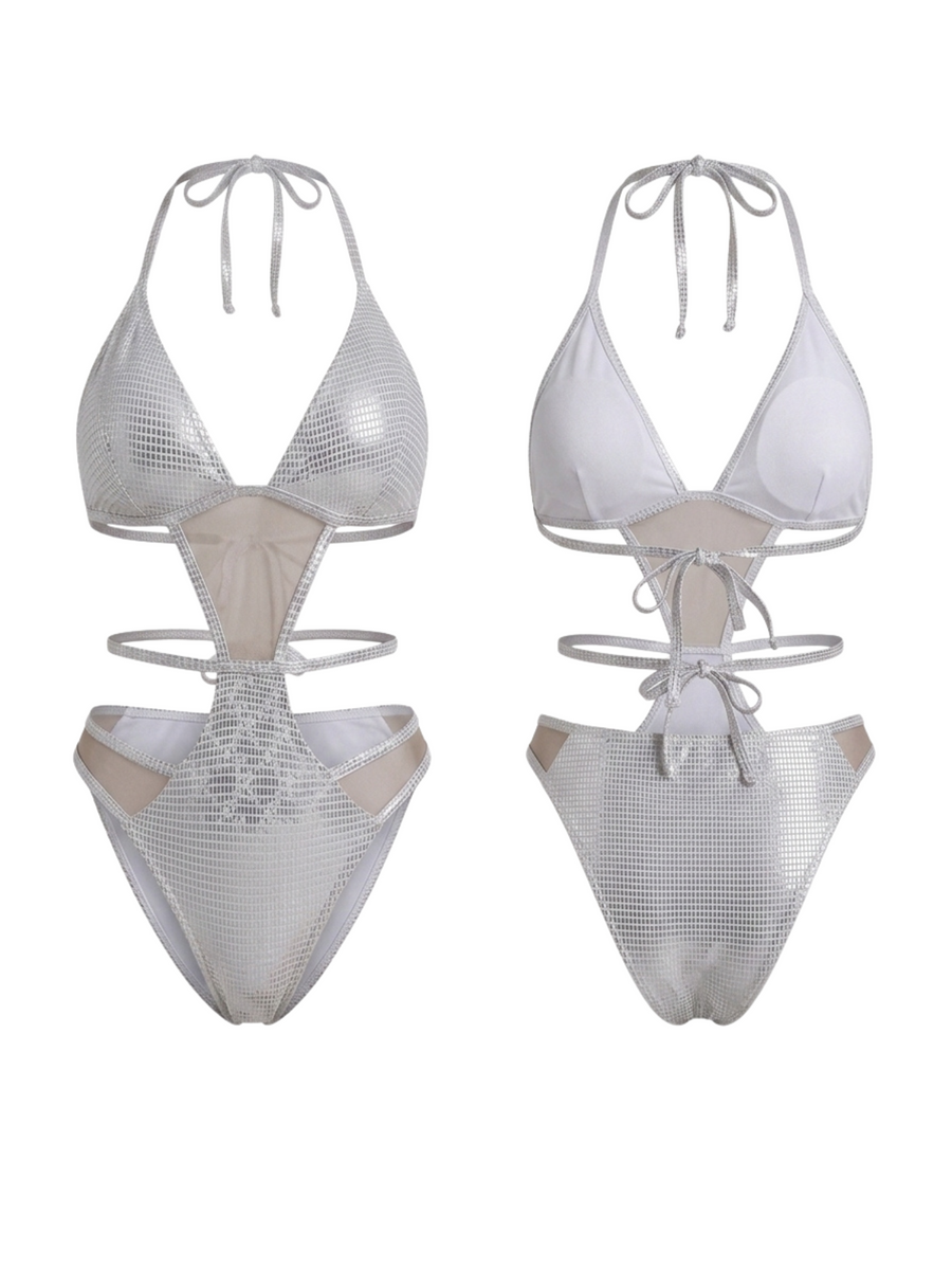 Silver Holographic Halter Mesh Multi Cutout One Piece