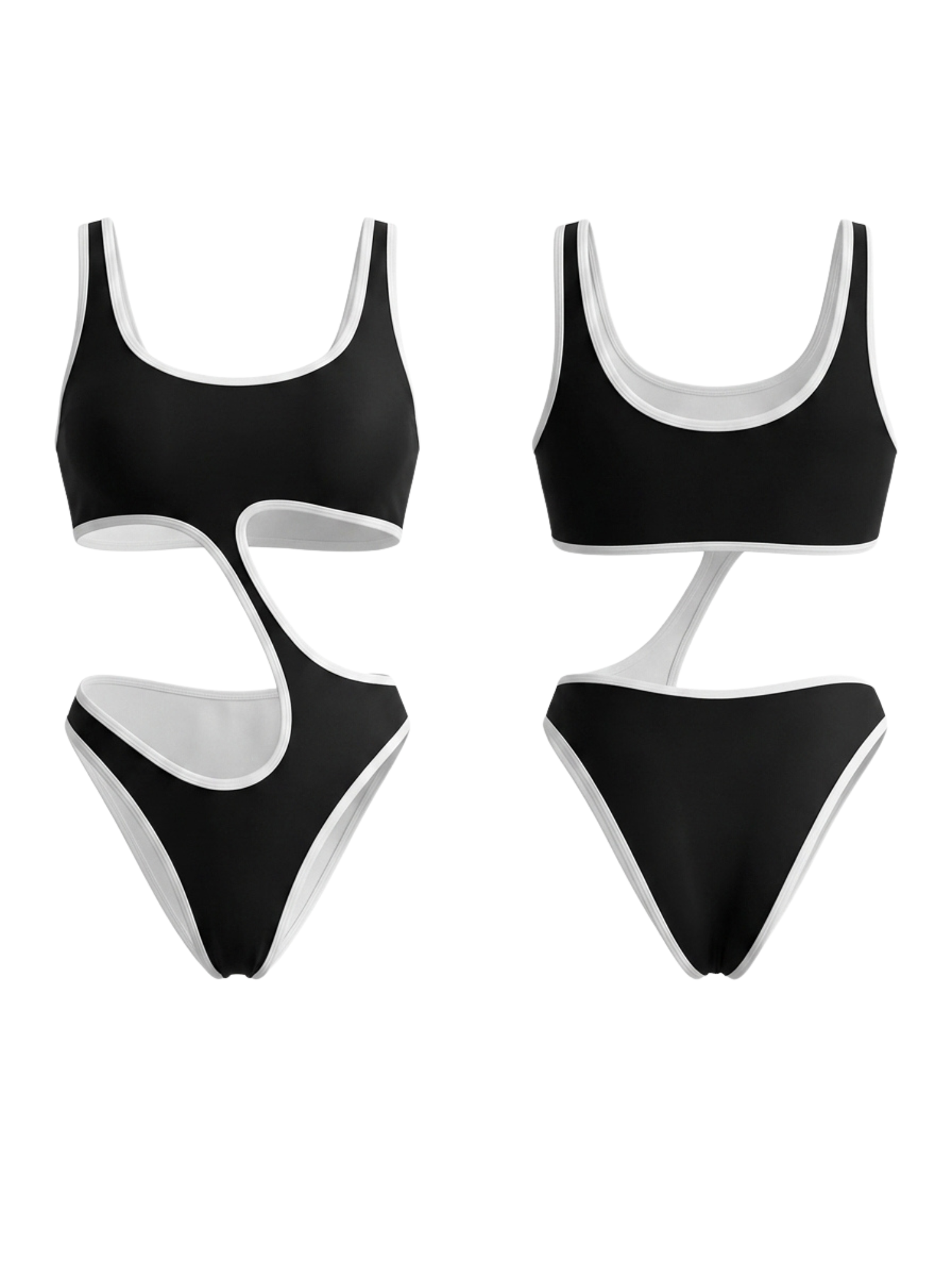 Black White Piping Sleeveless Side Cutout One Piece