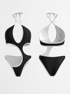 Black White Contrast Piping Halter Multi Cutout One Piece