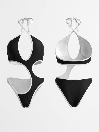 Black White Contrast Piping Halter Multi Cutout One Piece