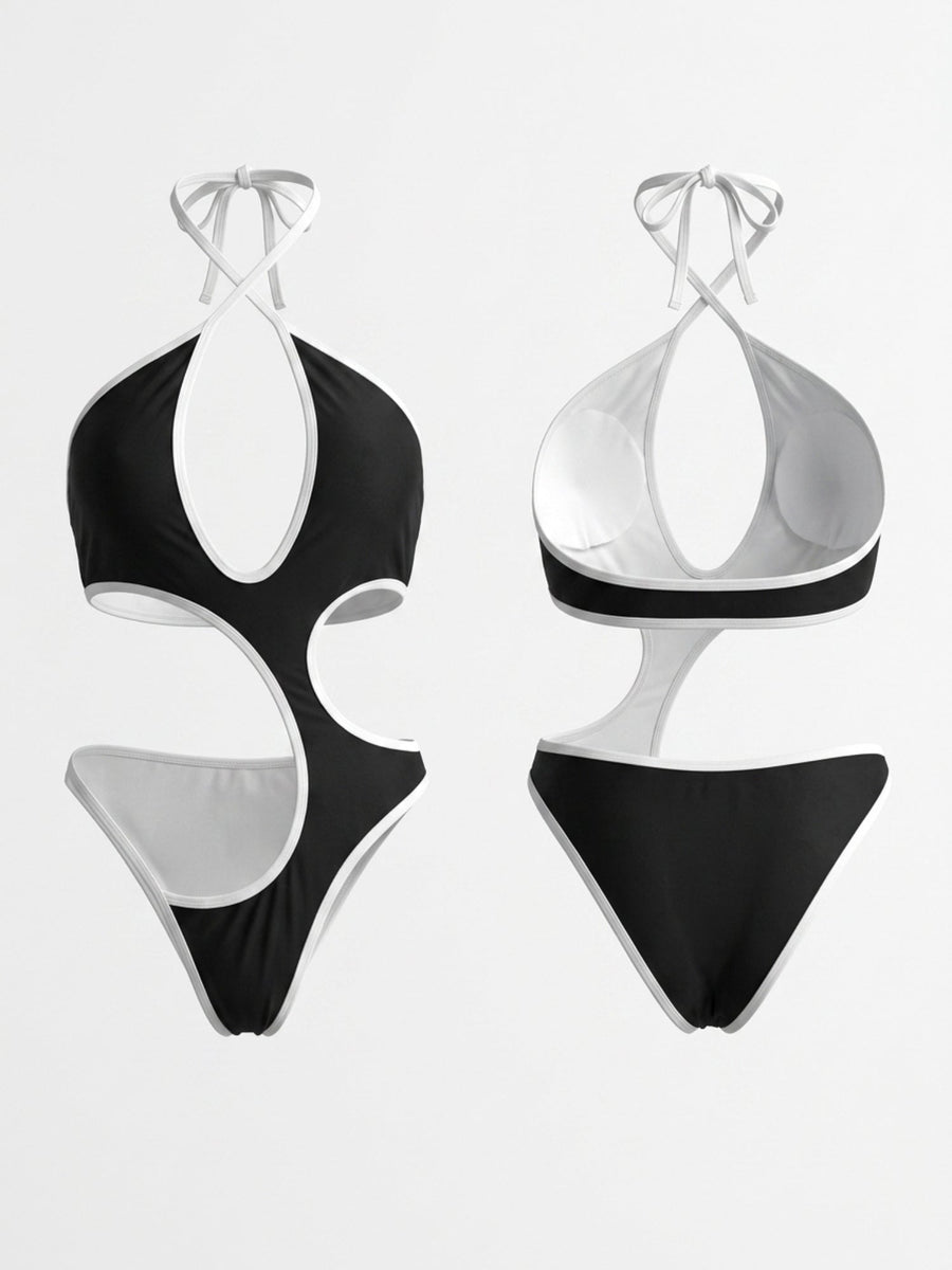 Black White Contrast Piping Halter Multi Cutout One Piece