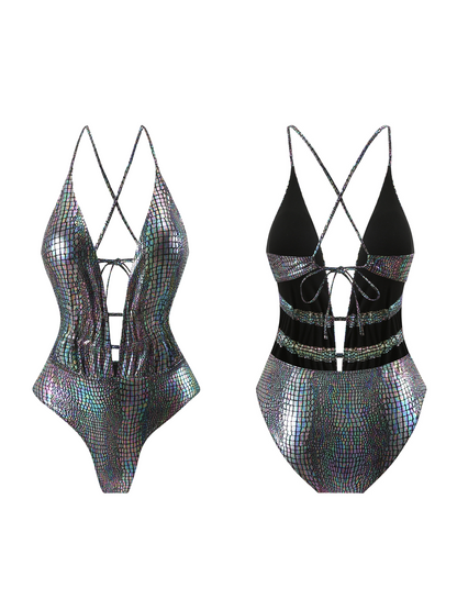 Glitter Iridescent Scale Deep V Halter High Leg One Piece