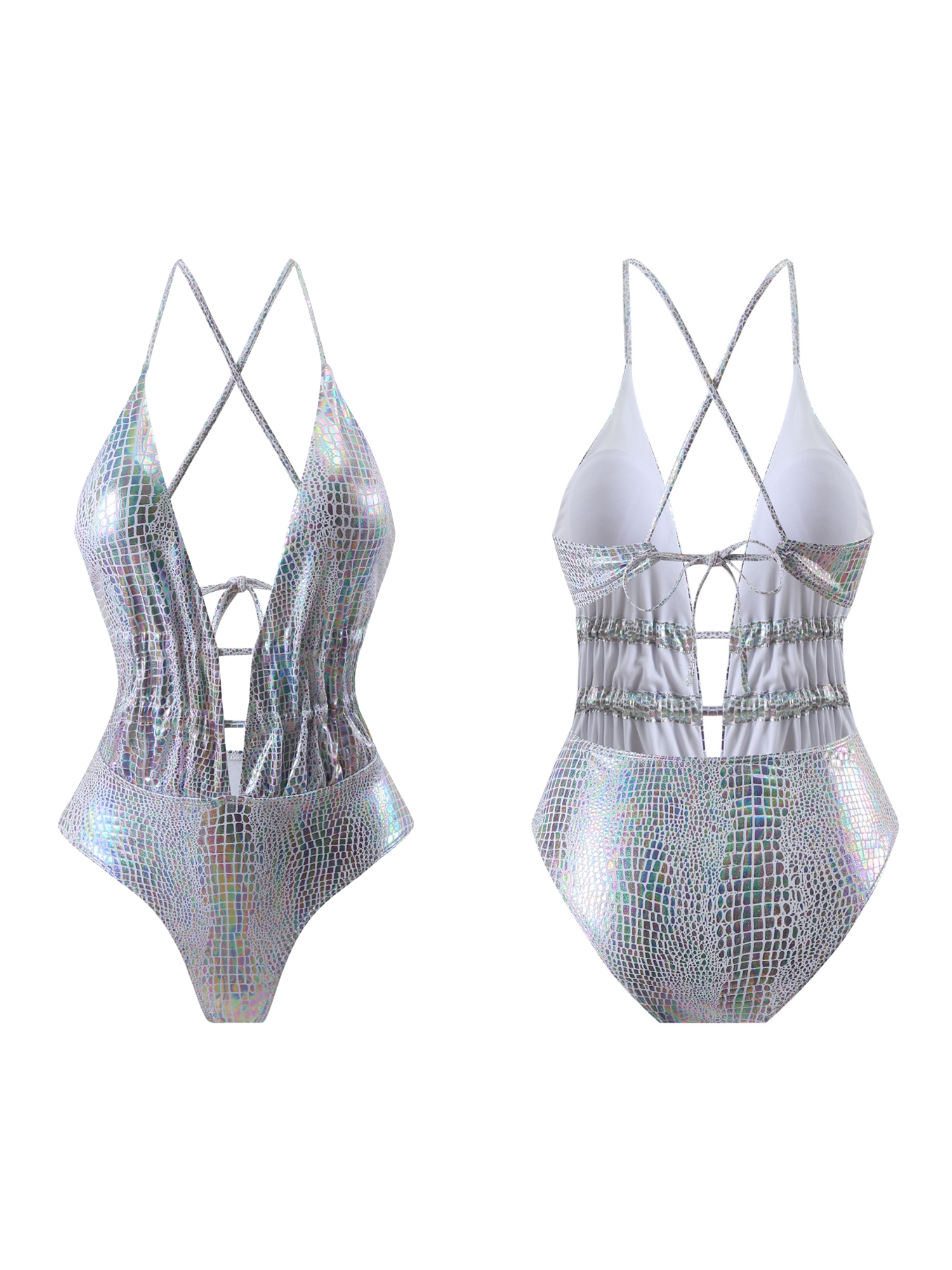 Glitter Iridescent Scale Deep V Halter High Leg One Piece