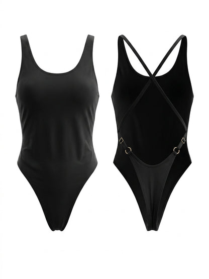 Black Contrast Trim Cross Back Adjustable Strap One Piece