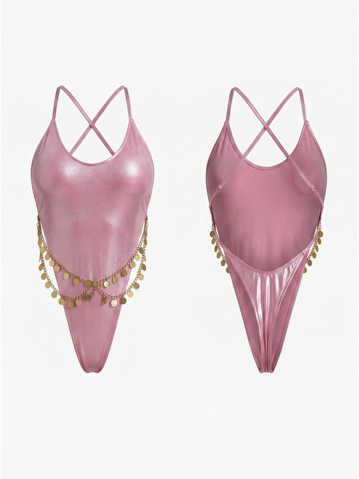 Adjustable Crisscross Straps Pink Iridescent Chain One Piece