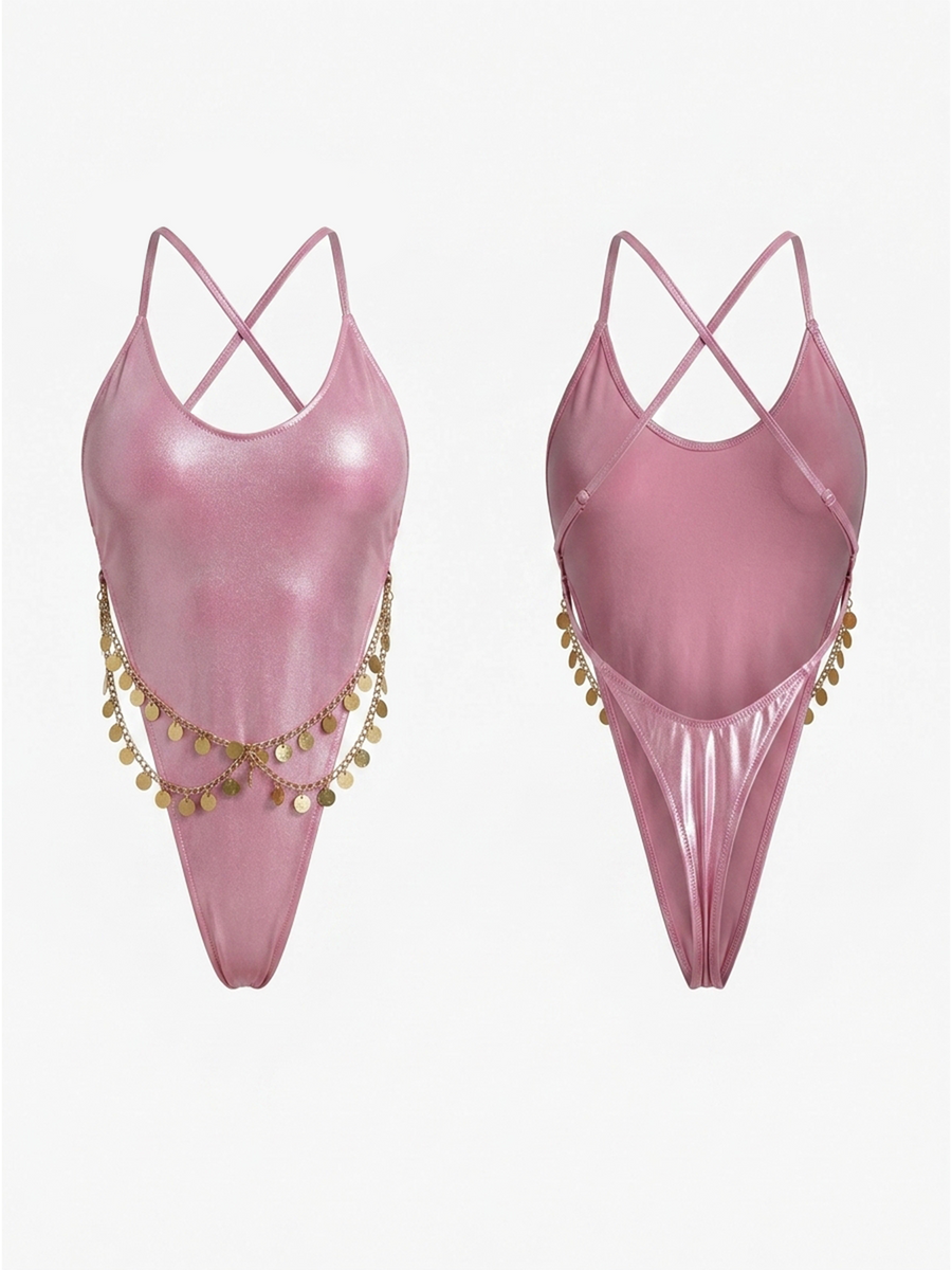Adjustable Crisscross Straps Pink Iridescent Chain One Piece