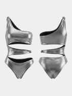 Silver Glitter One Shoulder Multi Cutout One Piece