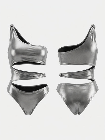 Silver Glitter One Shoulder Multi Cutout One Piece