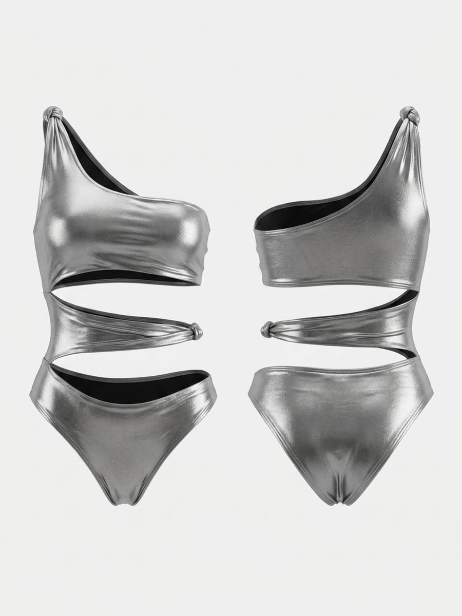 Silver Glitter One Shoulder Multi Cutout One Piece