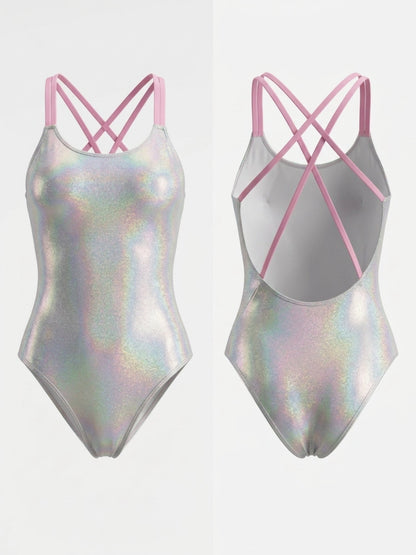 Holographic Double Strap Professional Swimsuit One Piece