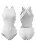 White Ribbed Cross Back Side Cutout Professional One Piece