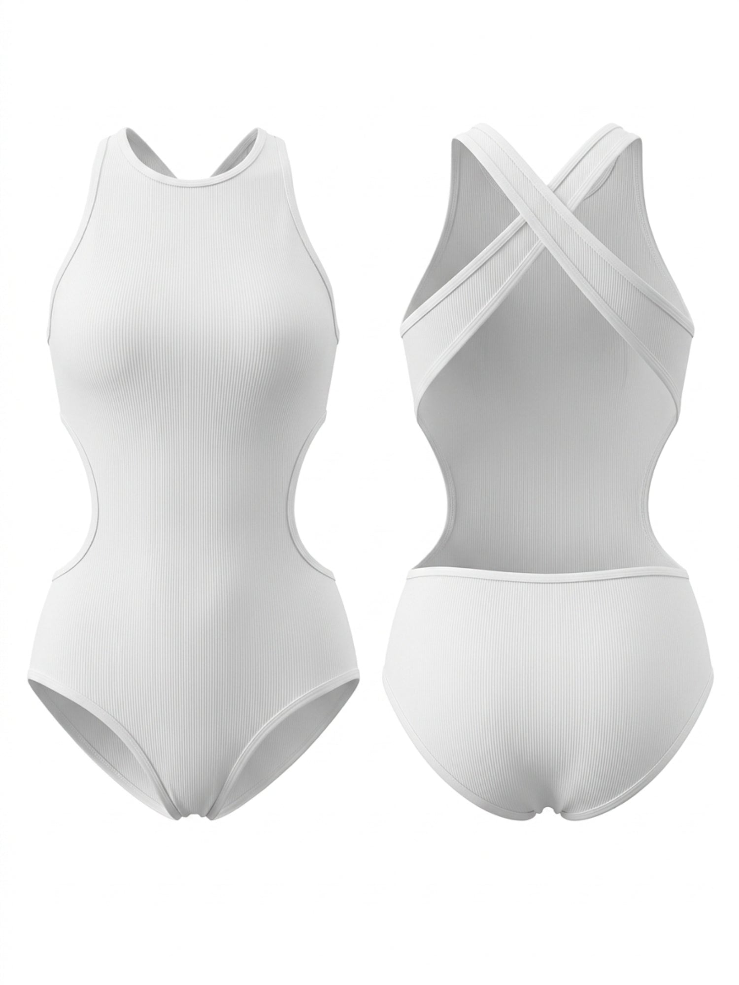 White Ribbed Cross Back Side Cutout Professional One Piece