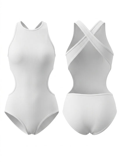 White Ribbed Cross Back Side Cutout Professional One Piece