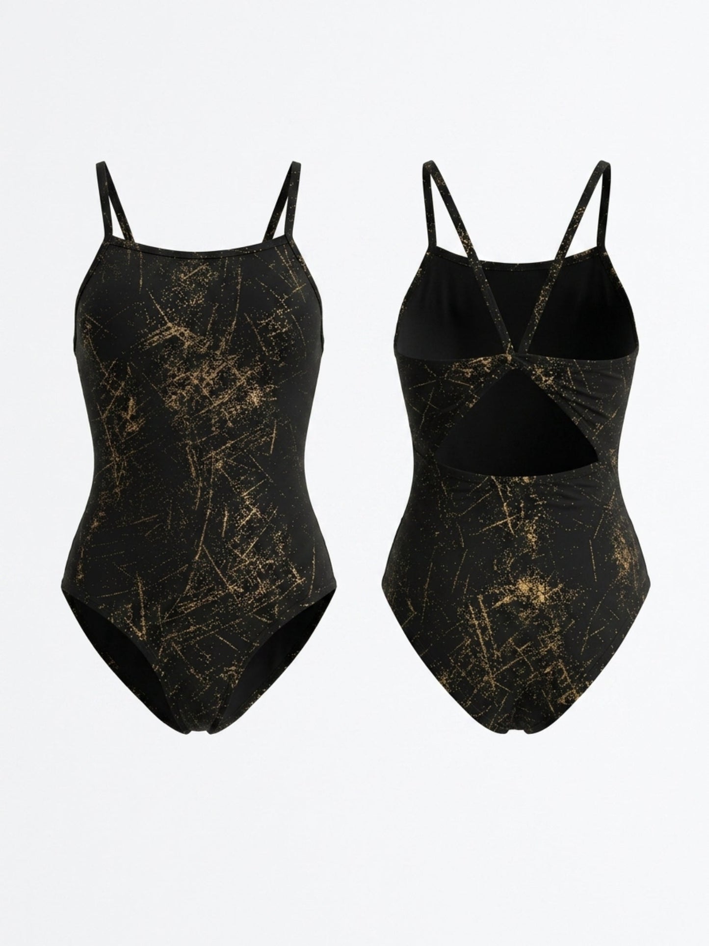 Black Gold Sparkle Thin Strap Open Back Professional One Piece