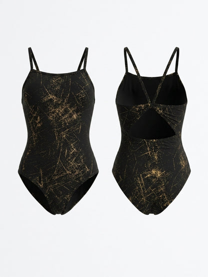 Black Gold Sparkle Thin Strap Open Back Professional One Piece