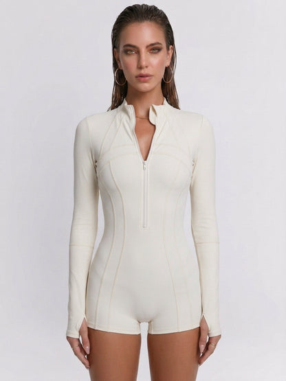 White Long Sleeve Half Zipper Boyleg Professional One Piece