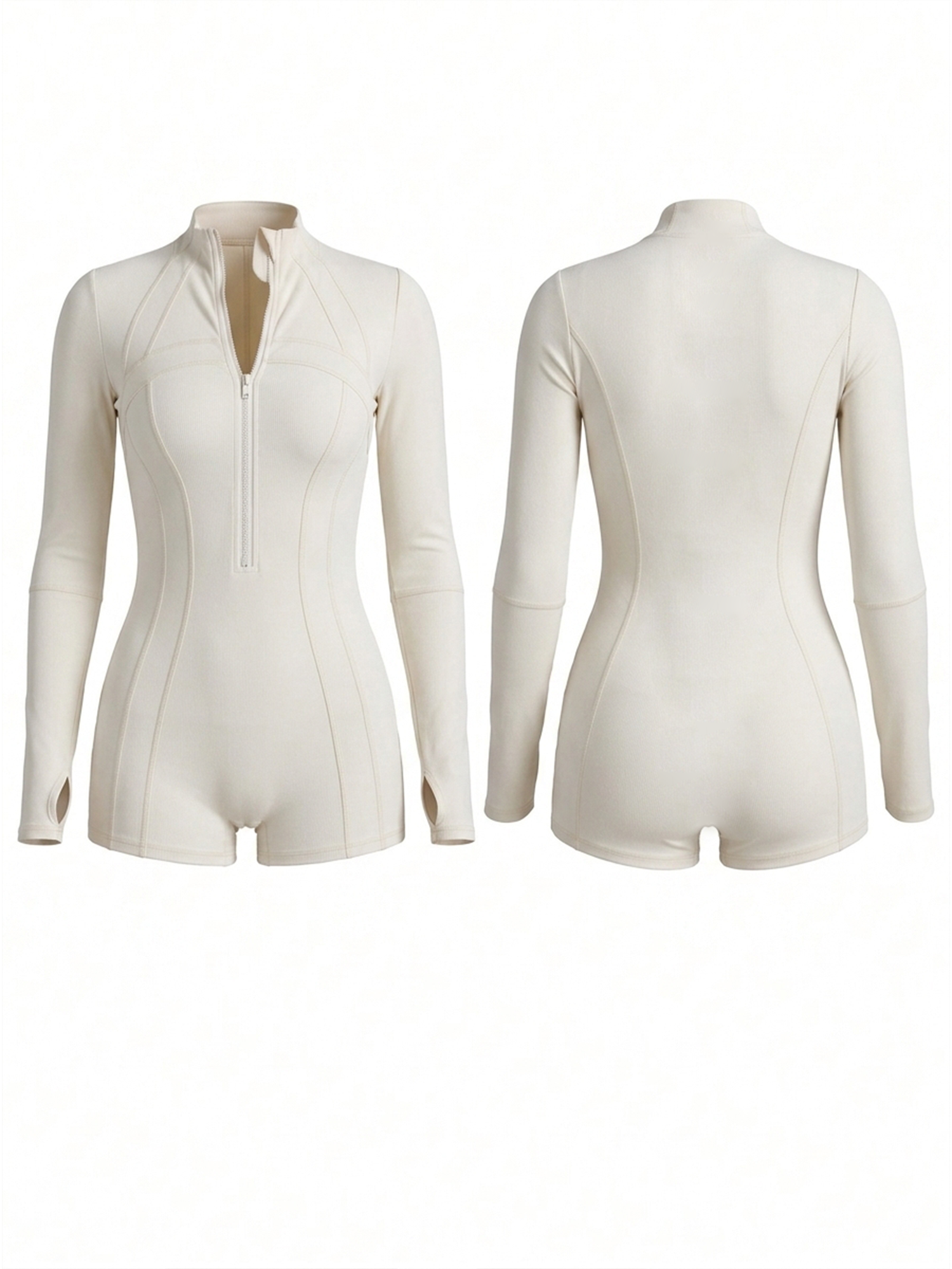 White Long Sleeve Half Zipper Boyleg Professional One Piece