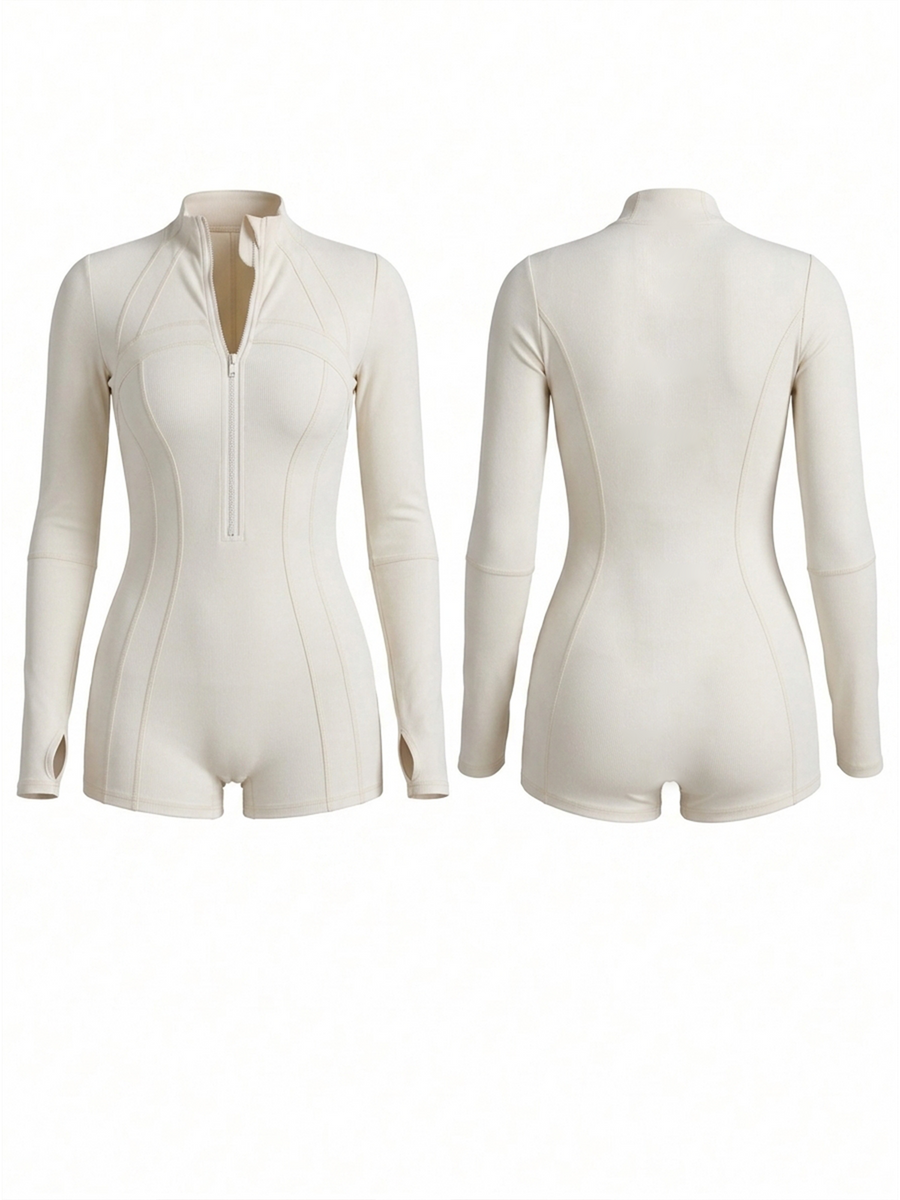 White Long Sleeve Half Zipper Boyleg Professional One Piece