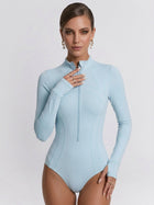 Light Blue Long Sleeve Front Zipper Sunscreen Professional One Piece