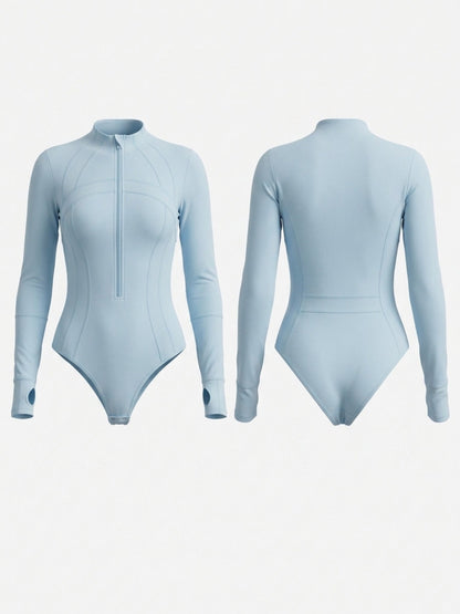 Light Blue Long Sleeve Front Zipper Sunscreen Professional One Piece