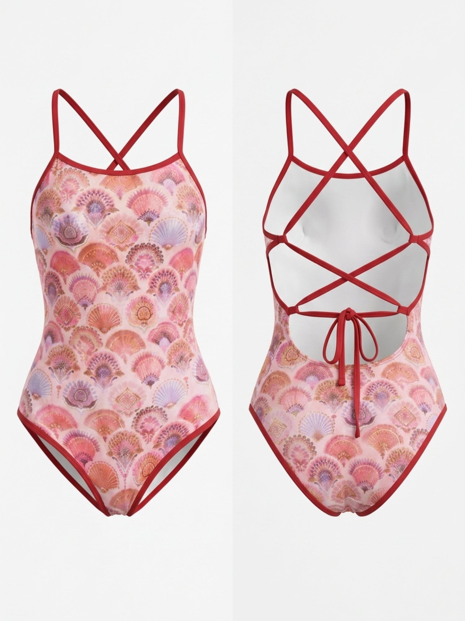 Pink Shell Print Crisscross Tie Back Professional One Piece