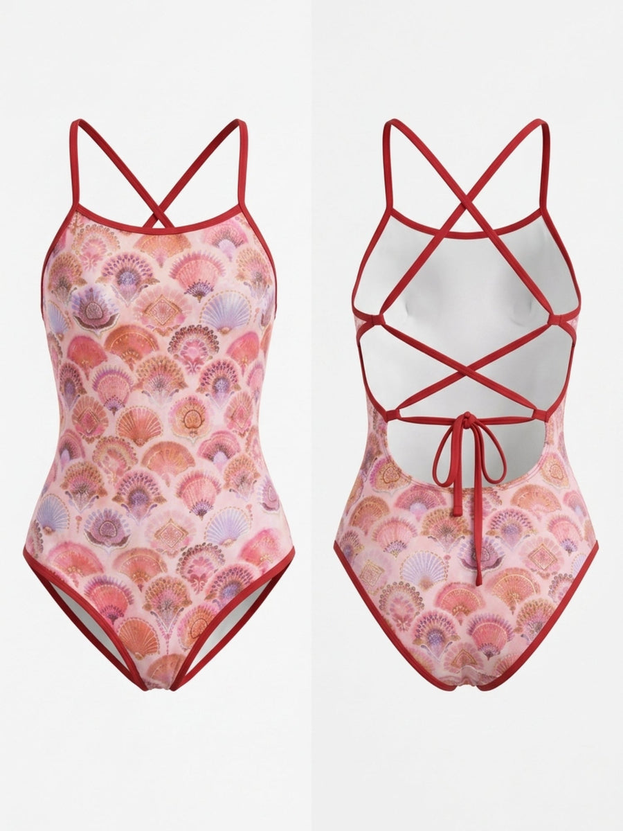 Pink Shell Print Crisscross Tie Back Professional One Piece