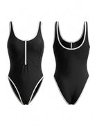 Black White Contrast Piping Front Zipper One Piece