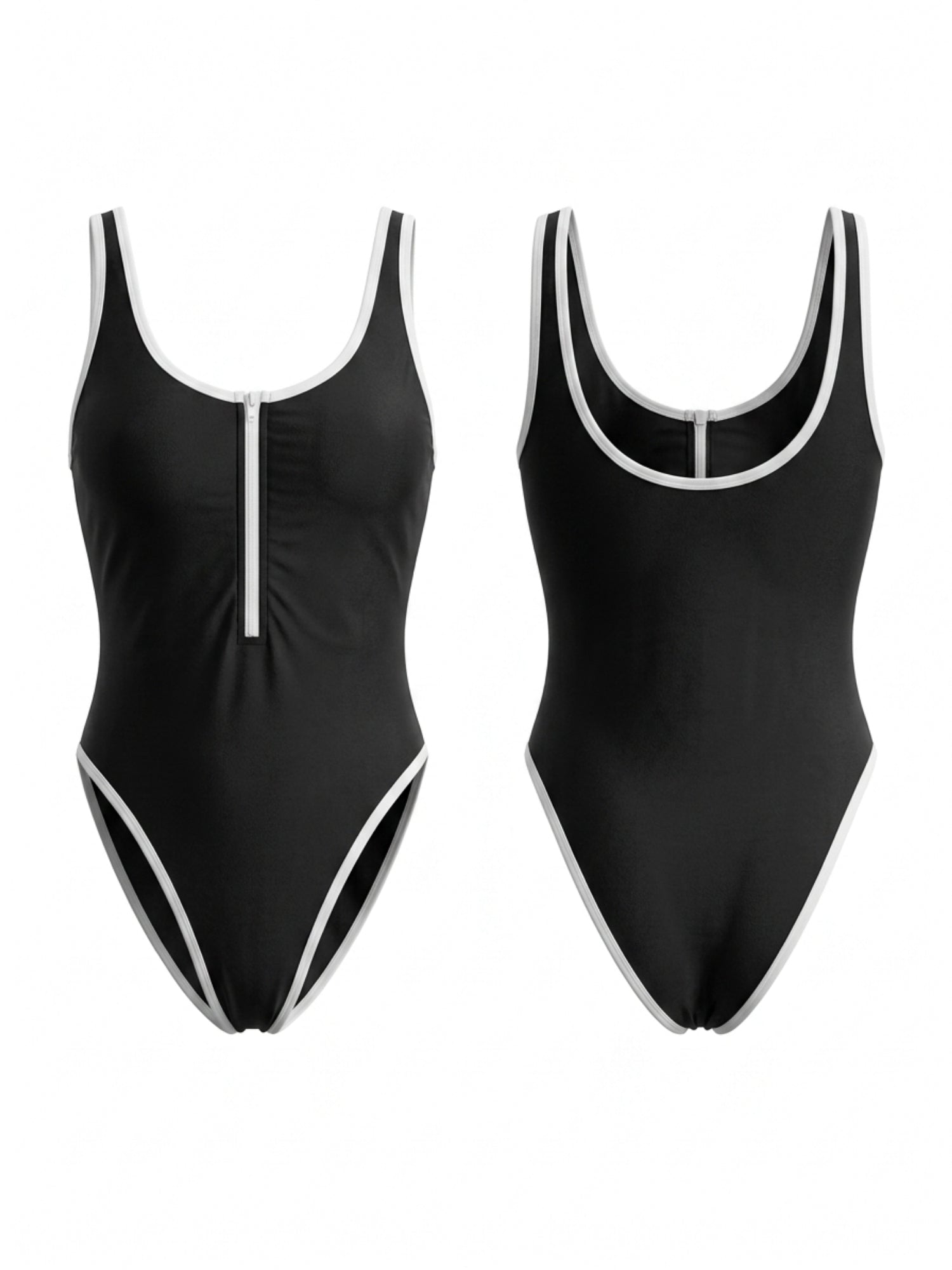 Black White Contrast Piping Front Zipper One Piece