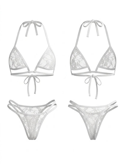 Lace Mesh Halter Triangle Two Piece Bikini Set