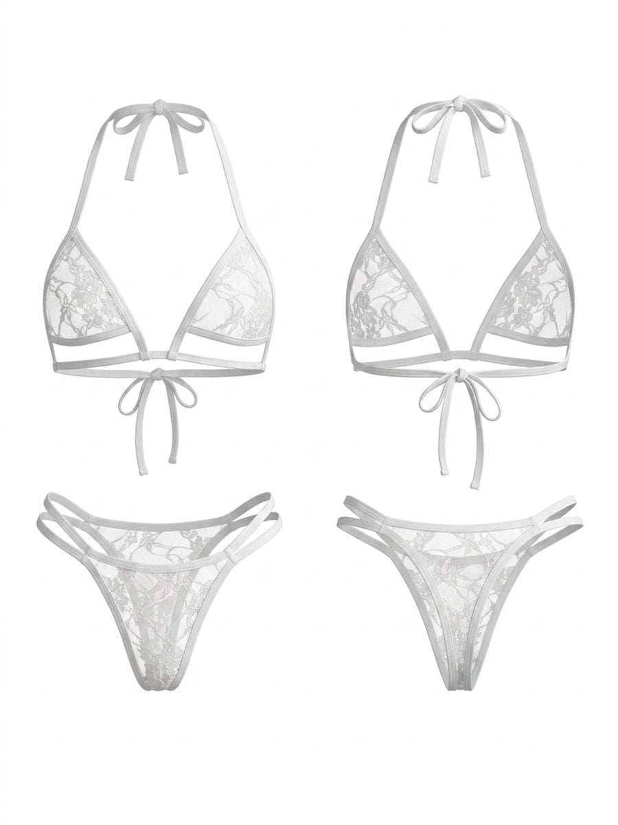 Lace Mesh Halter Triangle Two Piece Bikini Set