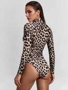 Leopard Print Long Sleeve Zip Front Cutout One Piece