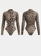 Leopard Print Long Sleeve Zip Front Cutout One Piece