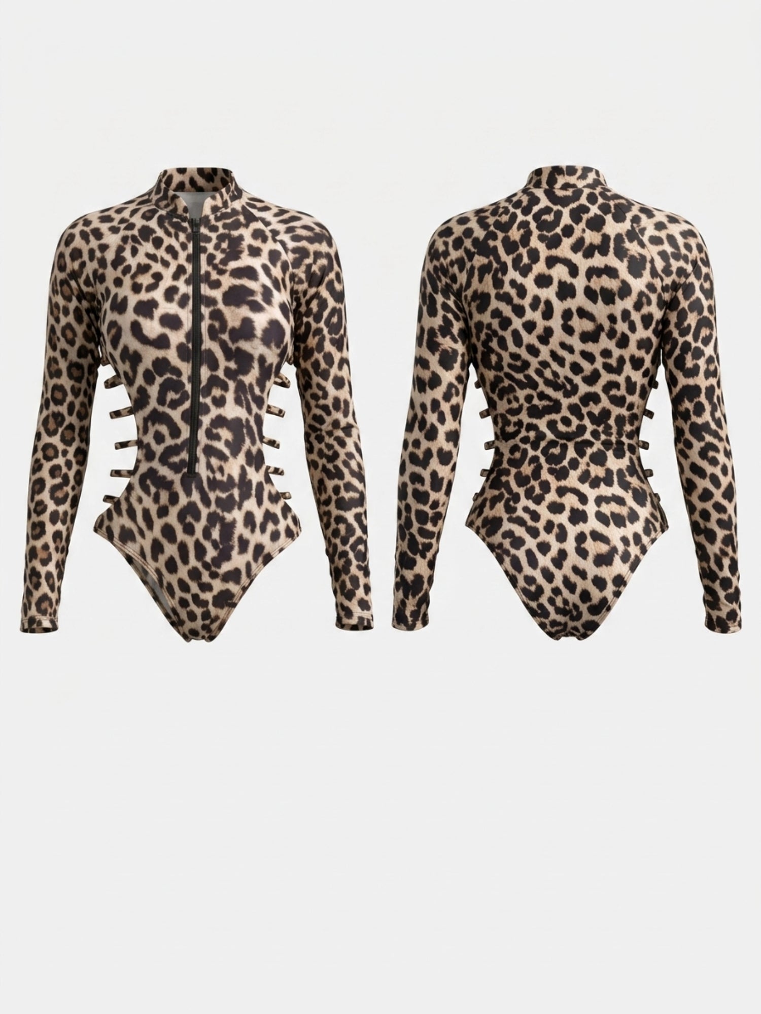 Leopard Print Long Sleeve Zip Front Cutout One Piece
