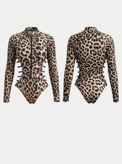 Leopard Print Long Sleeve Zip Front Cutout One Piece