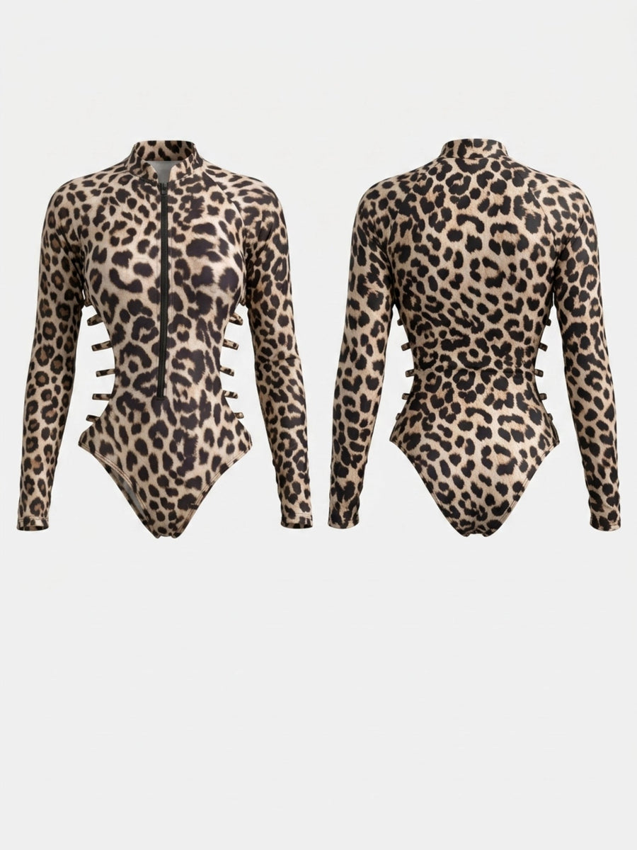 Leopard Print Long Sleeve Zip Front Cutout One Piece