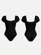 Square Neck Short Sleeve Zip Front One Piece