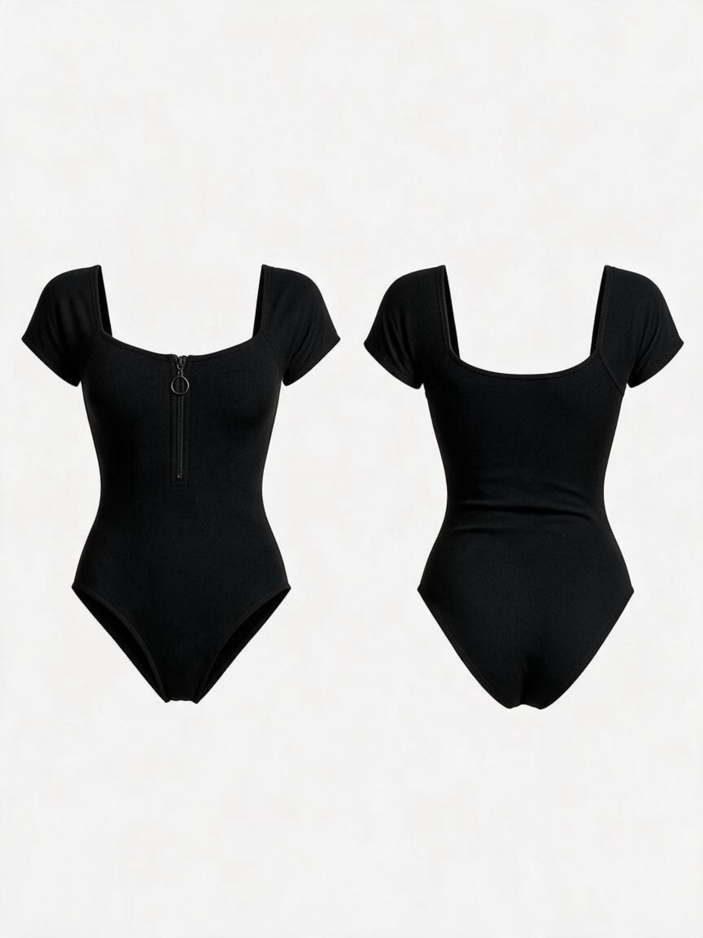 Square Neck Short Sleeve Zip Front One Piece
