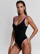 Contrast Trim Zip Front Sleeveless One Piece