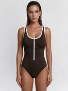 Brown White Contrast Trim Back Cutout One Piece